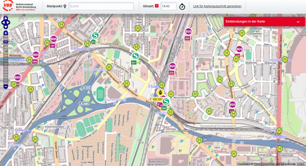 Auch Busse des Schienenersatzverkehrs (Busnummer S25) werden angezeigt. (VBB/cc-by-sa 2.0 Openstreetmap.org/Screenshot: Golem.de)